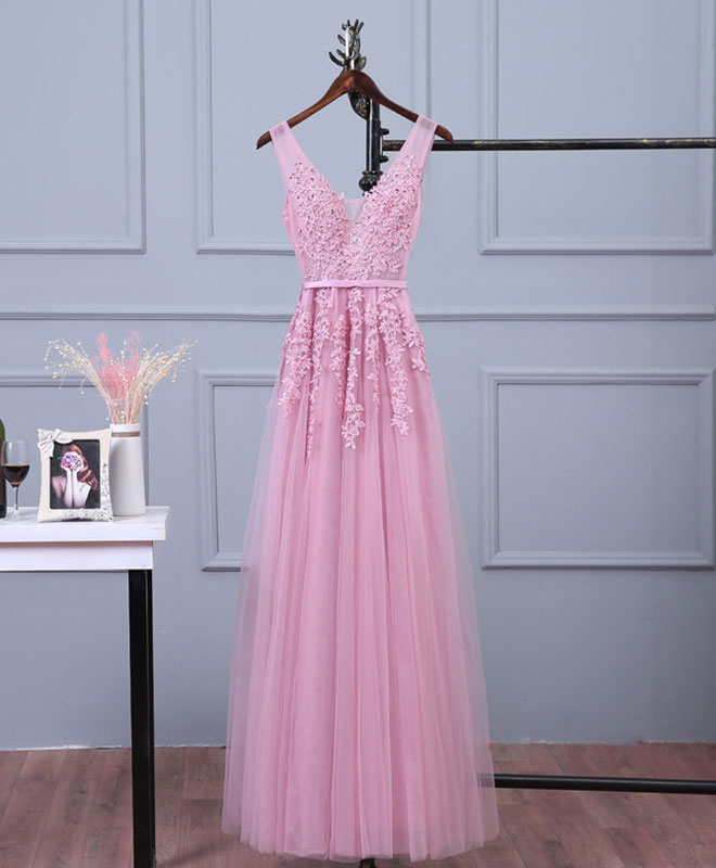 Backless Prom Dress, Pink V Neck Lace Tulle Long Prom Dress, Lace Evening Dresses