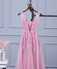 Long Dress Formal, Pink V Neck Lace Tulle Long Prom Dress, Lace Evening Dresses