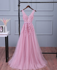 Party Dress Halter Neck, Pink V Neck Lace Tulle Long Prom Dress, Lace Evening Dresses