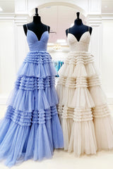Elegant Wedding Dress, Pink V Neck Layers Tulle Long Ball Gown,Light Blue A Line Spaghetti Strap Evening Dresses