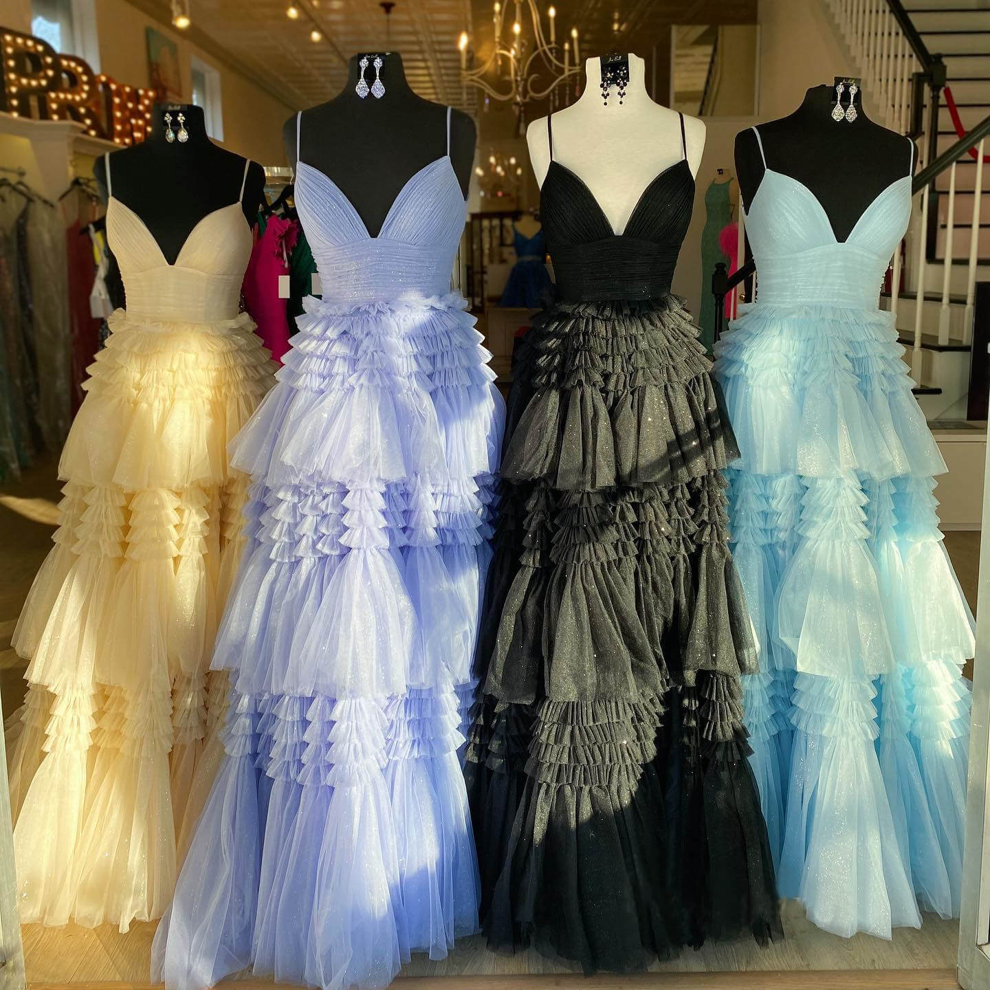 Bachelorette Party Theme, Pink V Neck Layers Tulle Long Ball Gown,Light Blue A Line Spaghetti Strap Evening Dresses