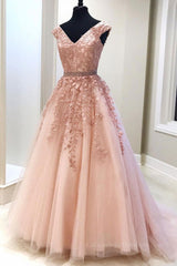 Party Dress Cheap, Pink V Neck Long Lace Prom Dresses, Pink V Neck Long Lace Formal Evening Dresses