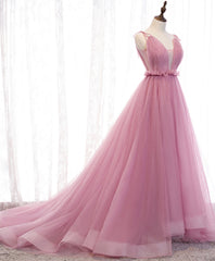 Formal Dress Website, Pink V Neck Long Prom Dress, Aline Pink Formal Evening Dresses