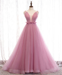 Formal Dress Websites, Pink V Neck Long Prom Dress, Aline Pink Formal Evening Dresses