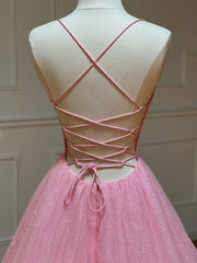 Party Outfit, Pink V Neck Long Prom Dress, Pink A-line Sequin Tulle Evening Dress