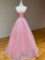 Party Dress For Over 54, Pink V Neck Long Prom Dress, Pink A-line Sequin Tulle Evening Dress