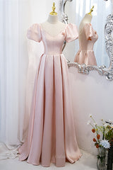 Formal Dresses Outfit, Pink V Neck Puff Sleeves Pearl Beaded 3D Applique Long Formal Dress