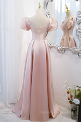 Formal Dresses Outfits, Pink V Neck Puff Sleeves Pearl Beaded 3D Applique Long Formal Dress