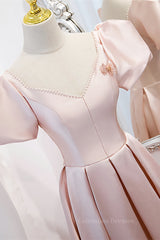 Formal Dress Outfit, Pink V Neck Puff Sleeves Pearl Beaded 3D Applique Long Formal Dress