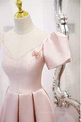 Formal Dressing Style, Pink V Neck Puff Sleeves Pearl Beaded 3D Applique Long Formal Dress