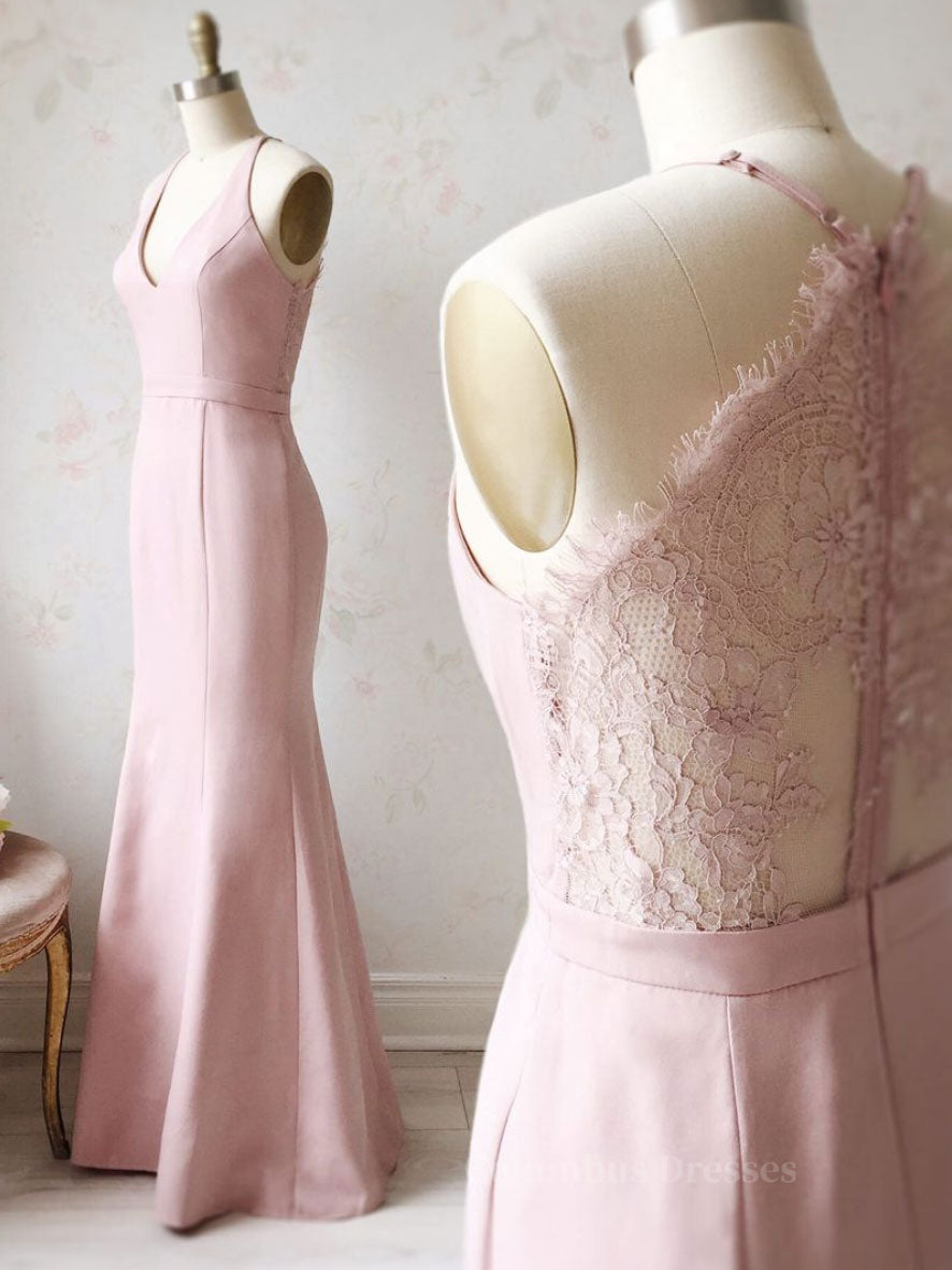 Prom Dresses Classy, Pink v neck satin lace long prom dress, lace bridesmaid dress