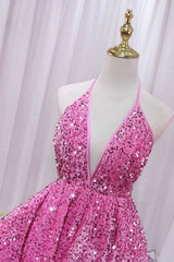 Prom Dresses Backless, Pink V-Neck Sequins Short Prom Dress, Pink A-Line Backless Party Dress