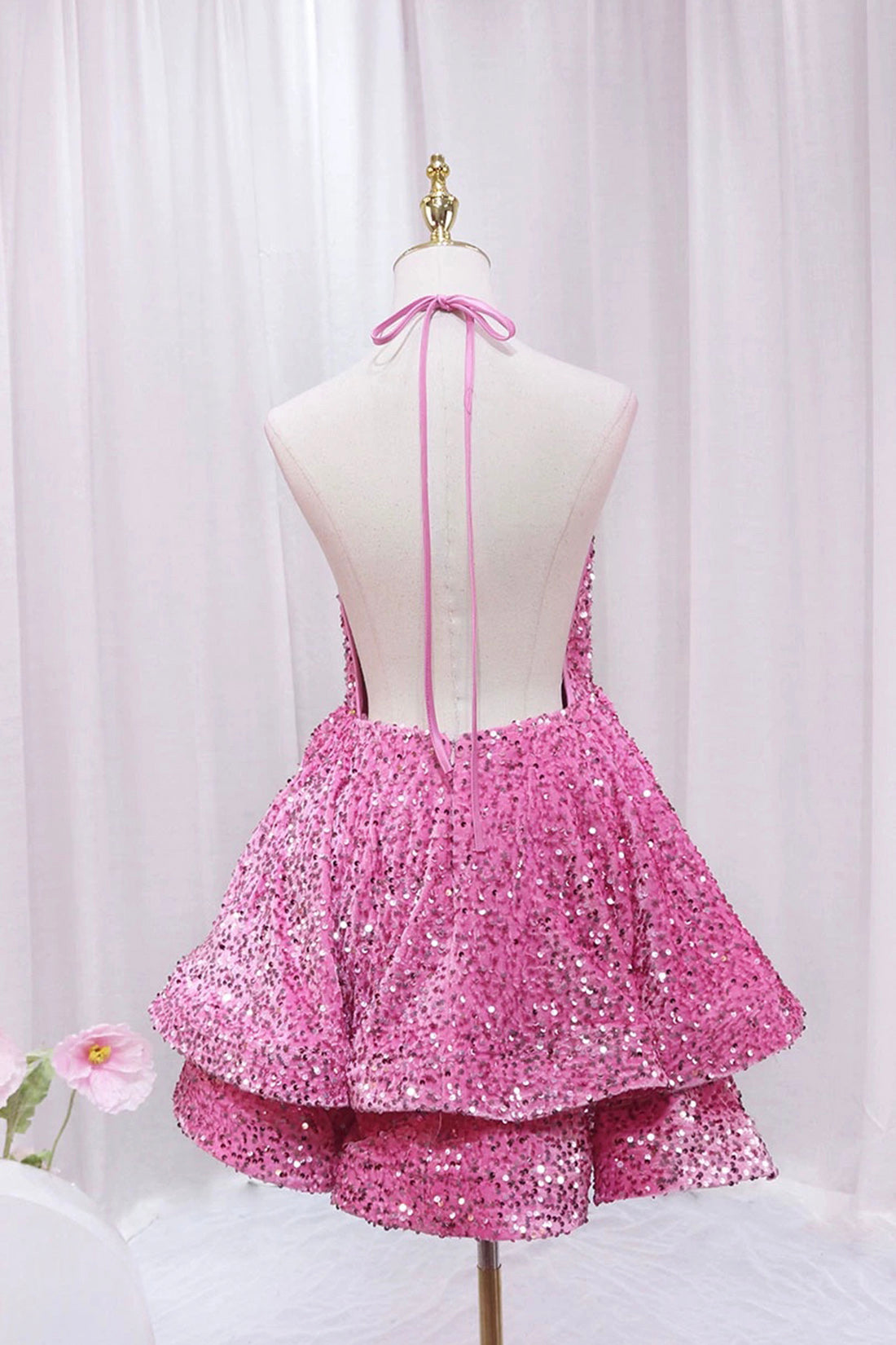 Prom Dress Backless, Pink V-Neck Sequins Short Prom Dress, Pink A-Line Backless Party Dress