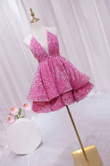 Prom Dress 2020, Pink V-Neck Sequins Short Prom Dress, Pink A-Line Backless Party Dress
