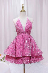 Prom Dresses Aesthetic, Pink V-Neck Sequins Short Prom Dress, Pink A-Line Backless Party Dress