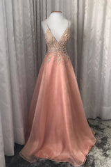 Homecoming Dresses Formal, Pink v neck tulle beads long prom dress pink evening dress