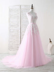 Black Wedding Dress, Pink V Neck Tulle Lace Applique Long Prom Dress Pink Evening Dress