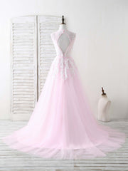 Blue Prom Dress, Pink V Neck Tulle Lace Applique Long Prom Dress Pink Evening Dress