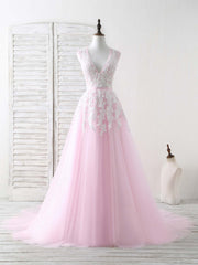 Mini Dress, Pink V Neck Tulle Lace Applique Long Prom Dress Pink Evening Dress