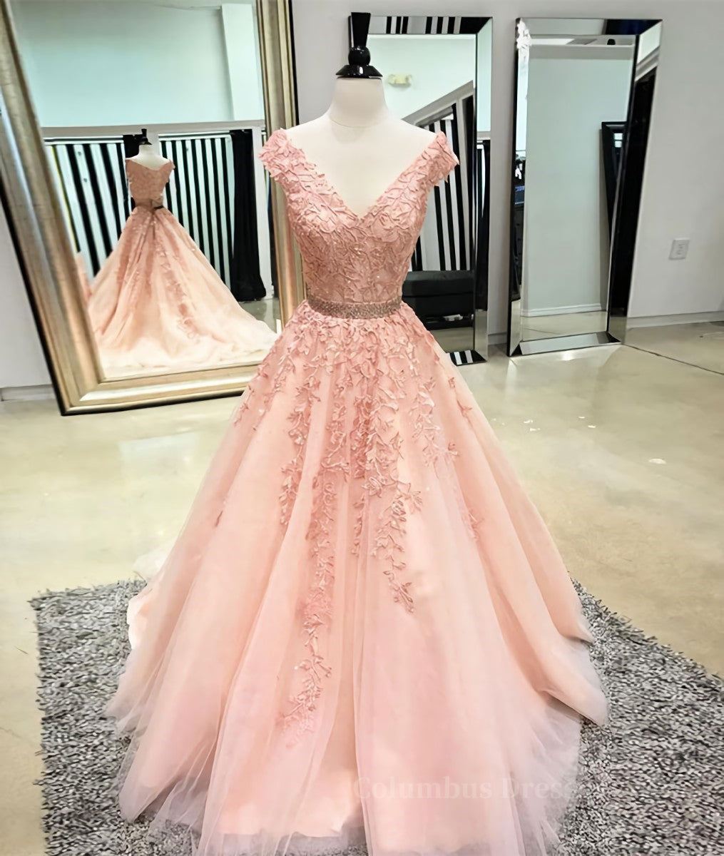 Party Dress Code Ideas, Pink v neck tulle lace applique long prom dress, pink tulle evening dress