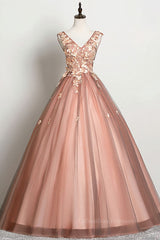 Prom Dresses Laces, Pink v neck tulle lace long prom dress pink tulle formal dress