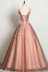 Prom Dress Lace, Pink v neck tulle lace long prom dress pink tulle formal dress