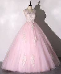 Formal Dress Long Sleeve, Pink V Neck Tulle Lace Long Prom Dress Pink Tulle Formal Sweet 16 Dress