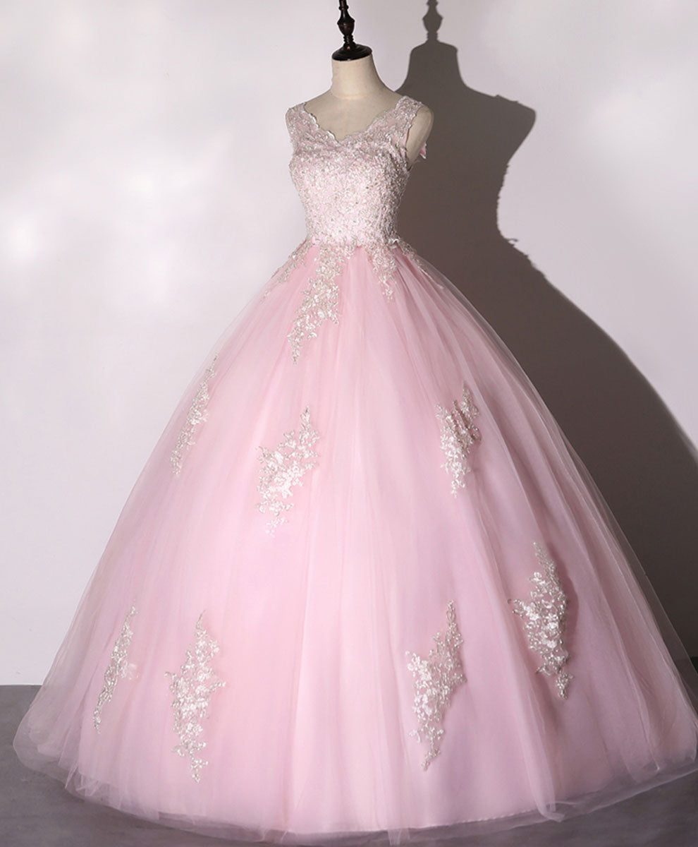 Formal Dress Long Sleeved, Pink V Neck Tulle Lace Long Prom Dress Pink Tulle Formal Sweet 16 Dress