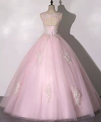 Formal Dresses Long Sleeved, Pink V Neck Tulle Lace Long Prom Dress Pink Tulle Formal Sweet 16 Dress