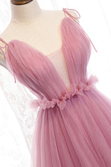 Prom Dressed 2025, Pink V-Neck Tulle Long Prom Dress, A-Line Formal Evening Dress