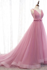 Prom Dresses2025, Pink V-Neck Tulle Long Prom Dress, A-Line Formal Evening Dress