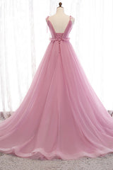 Prom Dresse 2025, Pink V-Neck Tulle Long Prom Dress, A-Line Formal Evening Dress