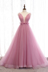 Prom Dress2025, Pink V-Neck Tulle Long Prom Dress, A-Line Formal Evening Dress