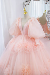 Formal Dresses Nearby, Pink V-Neck Tulle Long Prom Dress, A-Line Puff Sleeve Princess Dress