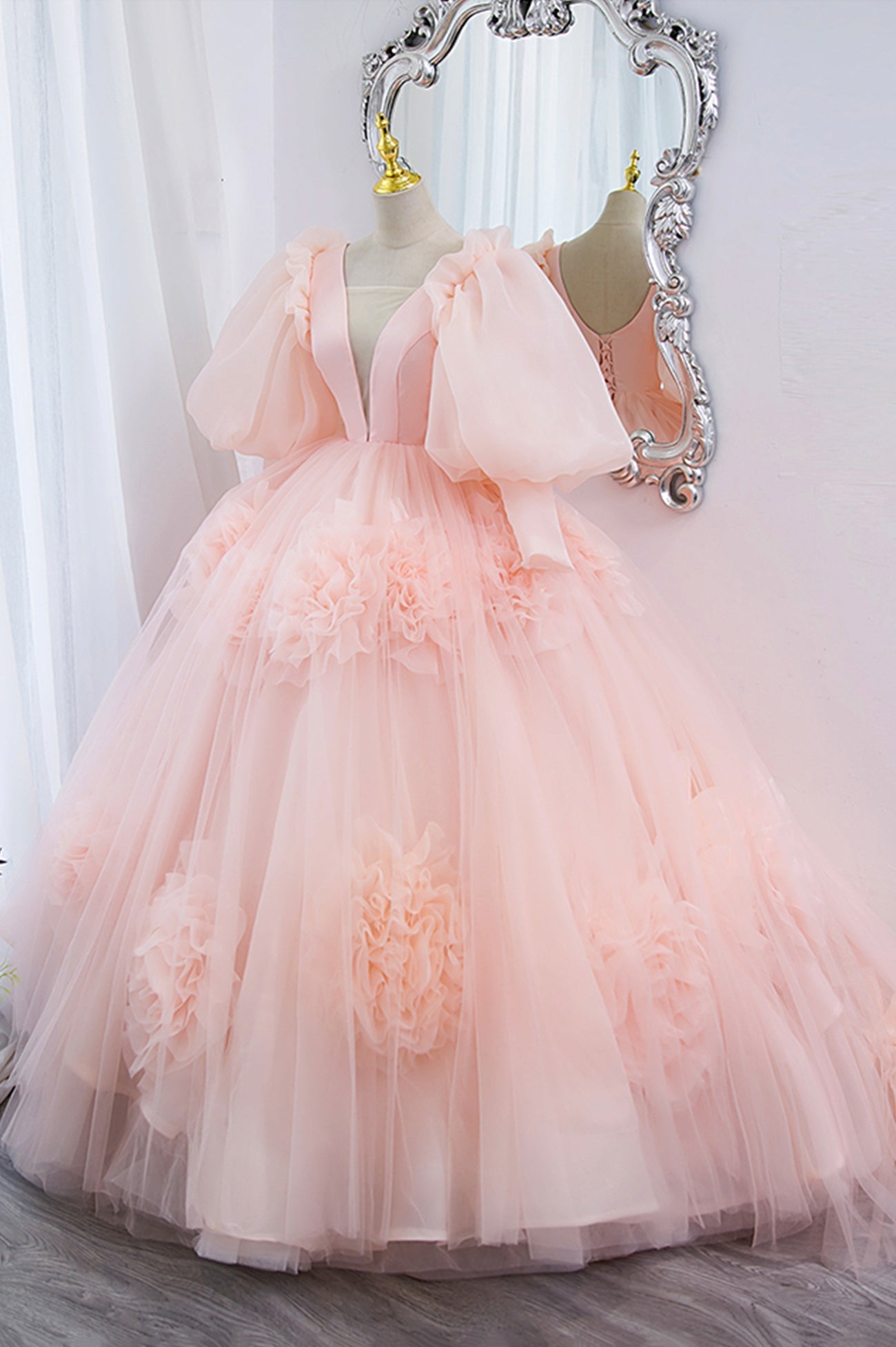 Formal Dress Prom, Pink V-Neck Tulle Long Prom Dress, A-Line Puff Sleeve Princess Dress