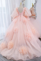 Formal Dresses Long Elegant, Pink V-Neck Tulle Long Prom Dress, A-Line Puff Sleeve Princess Dress