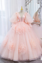 Formal Dressing For Ladies, Pink V-Neck Tulle Long Prom Dress, A-Line Puff Sleeve Princess Dress