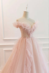 Bridesmaids Dresses Modest, Pink V-Neck Tulle Long Prom Dress, Off the Shoulder Evening Graduation Dress