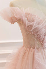 Bridesmaid Dress Mauve, Pink V-Neck Tulle Long Prom Dress, Off the Shoulder Evening Graduation Dress