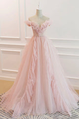 Bridesmaid Dresses Mauve, Pink V-Neck Tulle Long Prom Dress, Off the Shoulder Evening Graduation Dress