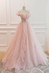 Bridesmaid Dress Modest, Pink V-Neck Tulle Long Prom Dress, Off the Shoulder Evening Graduation Dress
