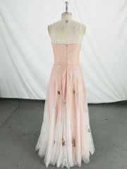Prom Dresses A Line, Pink V Neck Tulle Long Prom Dress, Pink Tulle Evening Dress