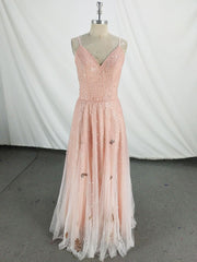 Prom Dresses 2019, Pink V Neck Tulle Long Prom Dress, Pink Tulle Evening Dress