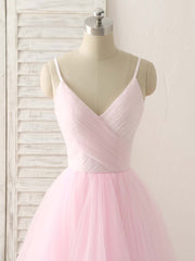 Party Dress Code, Pink V Neck Tulle Long Prom Dress Simple Pink Tulle Evening Dress