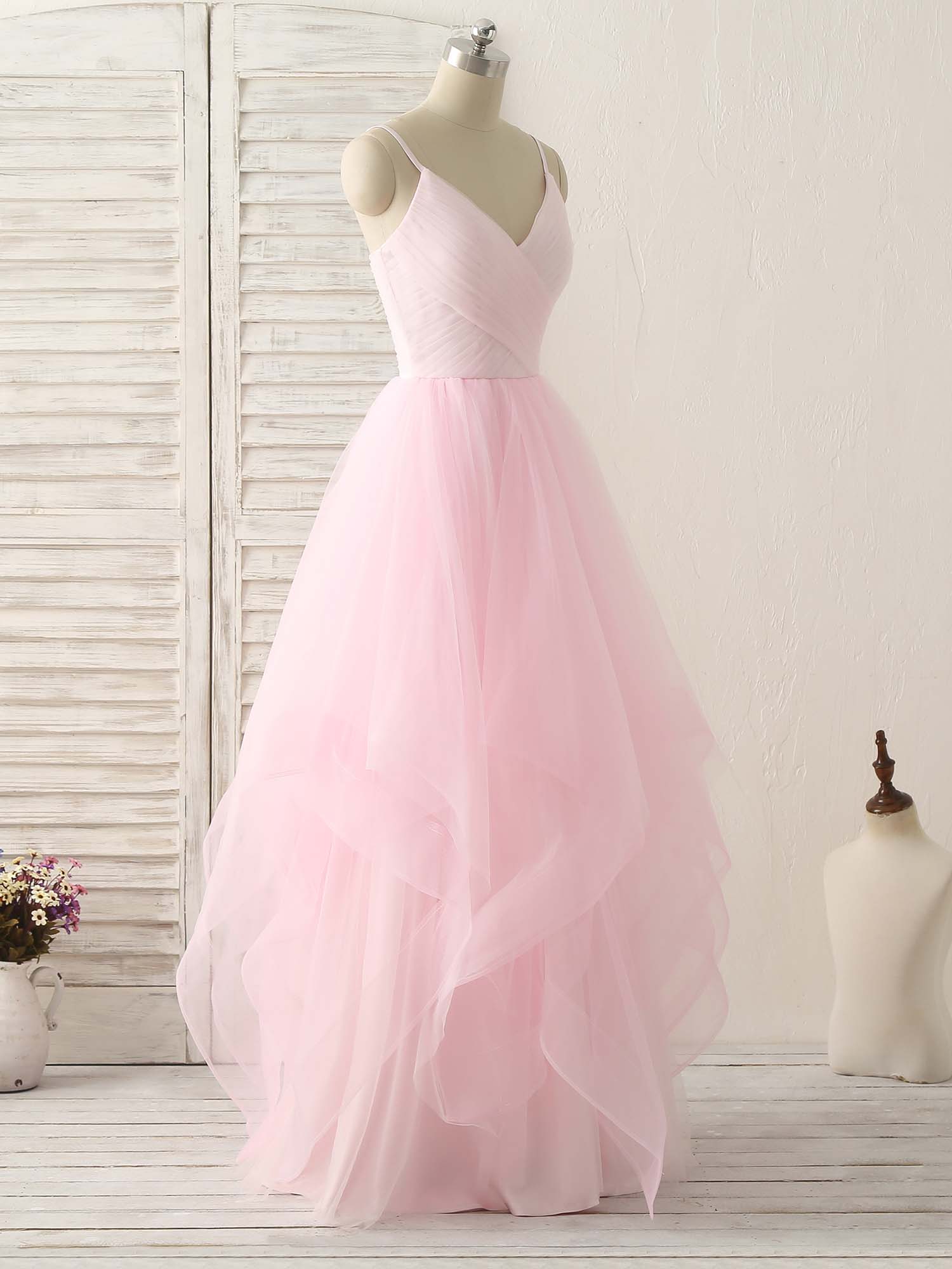 Party Dresses Designer, Pink V Neck Tulle Long Prom Dress Simple Pink Tulle Evening Dress