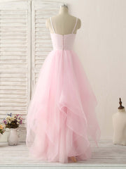 Party Dress Designer, Pink V Neck Tulle Long Prom Dress Simple Pink Tulle Evening Dress