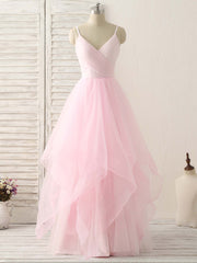 Party Dress Codes, Pink V Neck Tulle Long Prom Dress Simple Pink Tulle Evening Dress