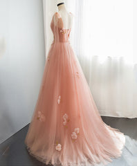 Prom Dress Unique, Pink V Neck Tulle Long Prom Dress, Tulle Pink Evening Dress