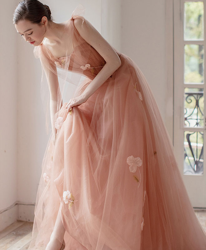 Prom Dresses Unique, Pink V Neck Tulle Long Prom Dress, Tulle Pink Evening Dress