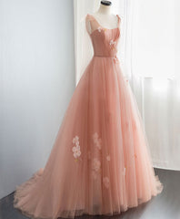 Prom Dresses Ideas, Pink V Neck Tulle Long Prom Dress, Tulle Pink Evening Dress
